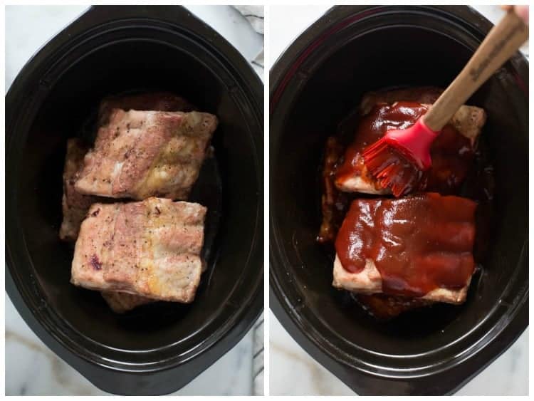 Side by side pictures of baby back ribs that are seasoned and then covered in BBQ sauce.