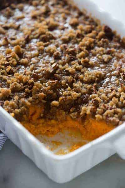 Traditional sweet potato casserole with brown sugar pecan topping is my all-time-favorite Thanksgiving side dish! | tastesbetterfromscratch.com