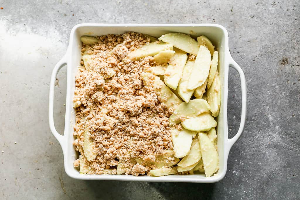 Crumb topping be added on sliced apples in a pan, to make apple crisp.