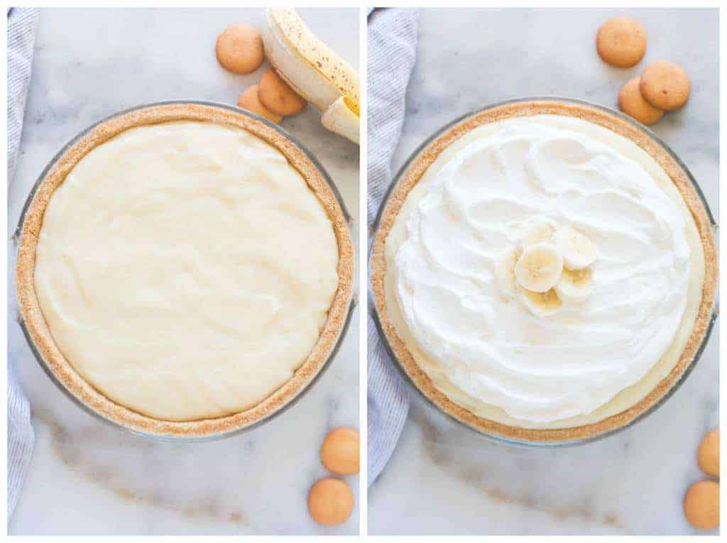 Side by side overhead photos of a banana cream pie without the whipped cream, and then topped with whipped cream and more bananas, with nilla wafers in the background