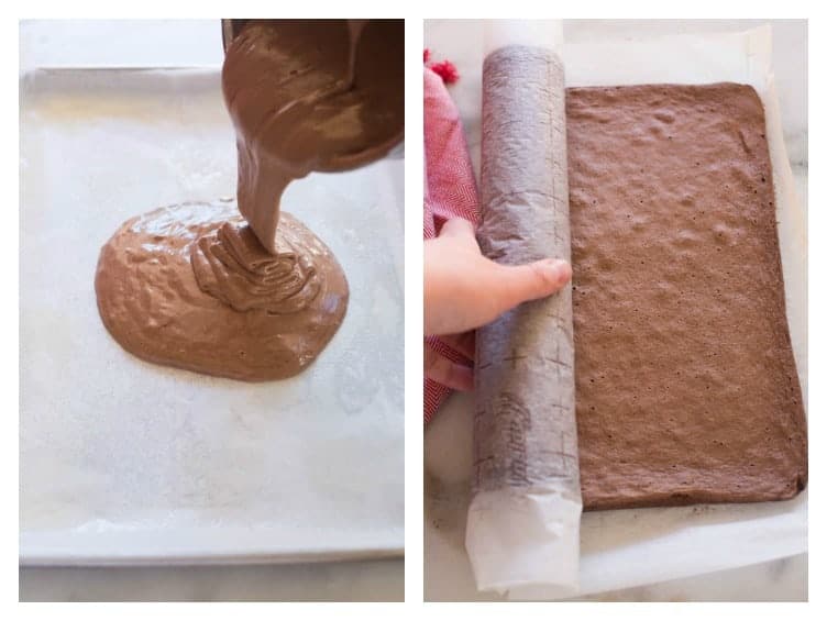 Process photos for making a chocolate cake roll with the first showing batter being poured into a pan, and the next showing the baked cake being rolled up.