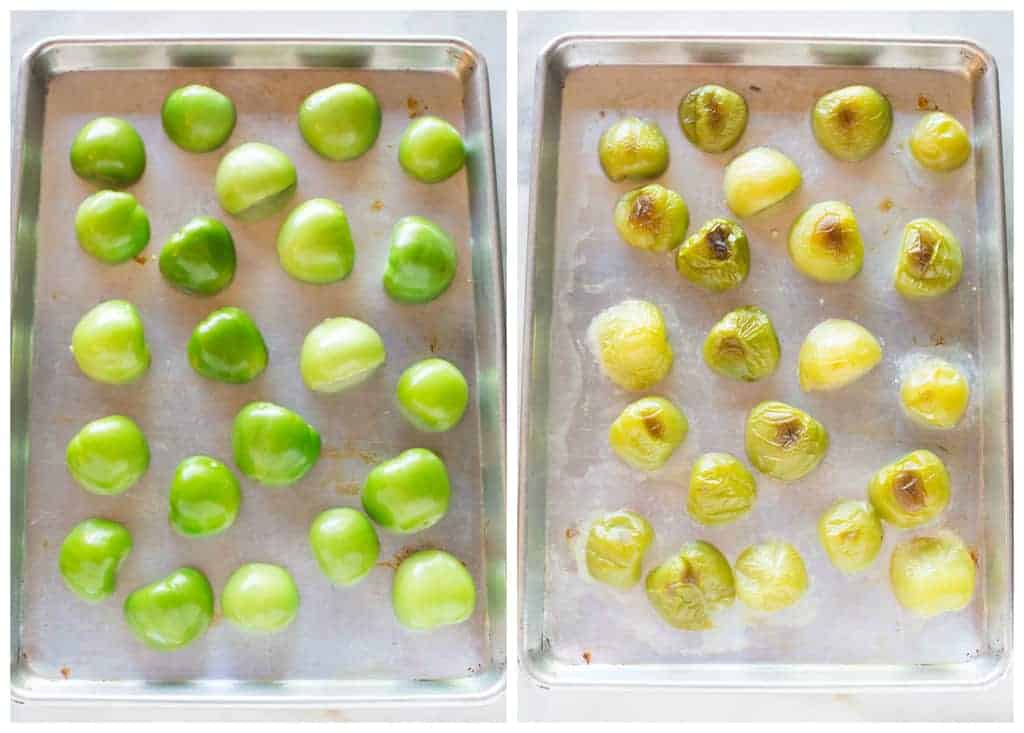 Side by side photos of a pan of halved tomatillos, and the pan after the tomatillos have been broiled in the oven.