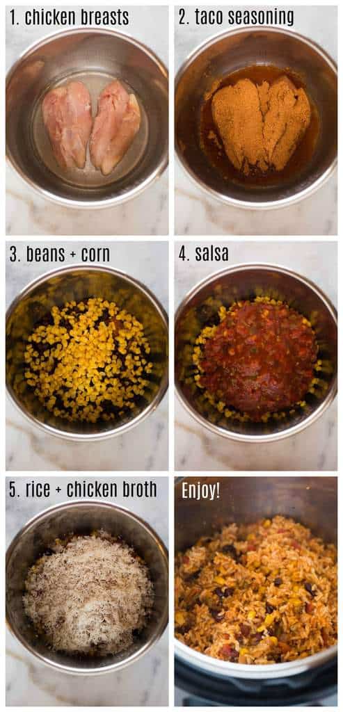 Step-by-step process photos for instant pot chicken taco bowls.