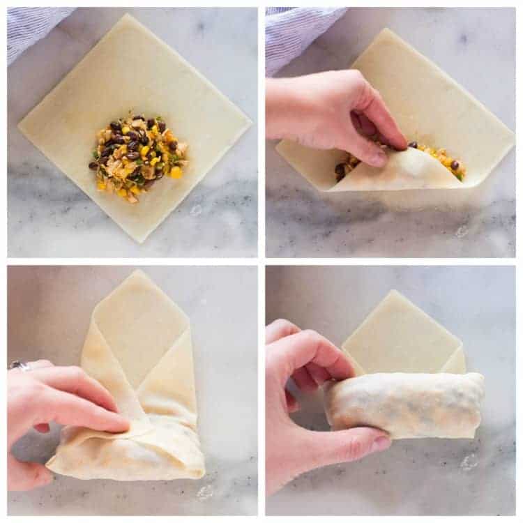 Process photos for how to fill and roll an egg roll wrapper