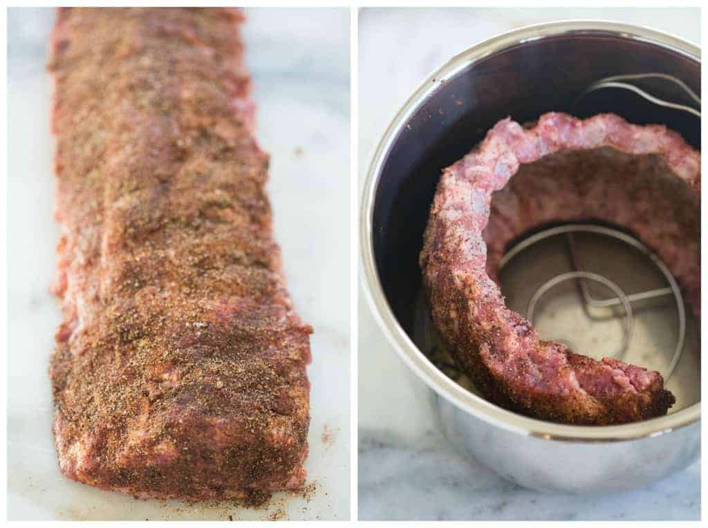 Ribs seasoned with a dry rub and then curled around the inner pot of an instant pot pressure cooker.