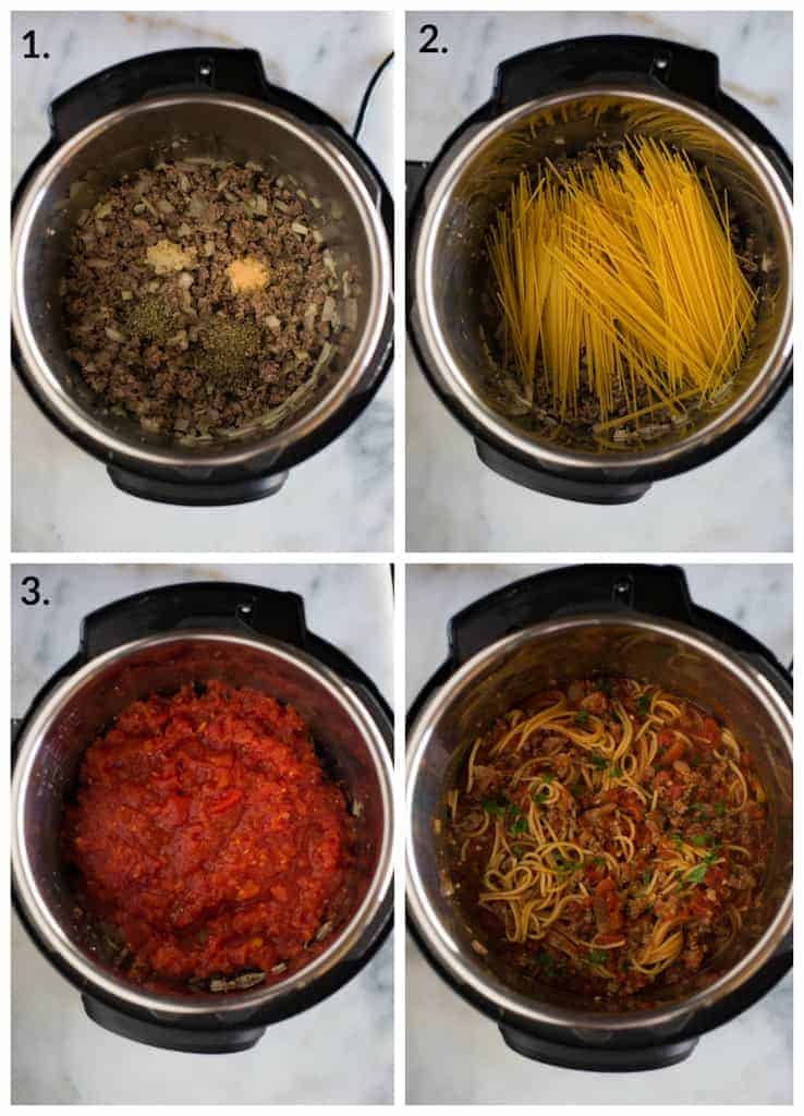 Process photos for making instant pot spaghetti, including browning the meat at the bottom of the pot, adding the uncooked, pasta, topping with crushed tomatoes and then a photo of the final product after cooking.