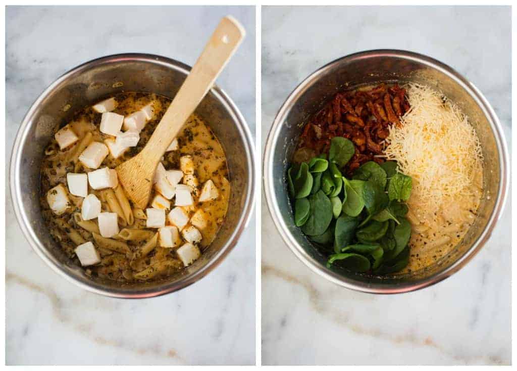 Process photos of an instant pot meal with on photo showing the cream cheese added to cooked pasta and the other showing the addition of spinach, sun-dried tomatoes and parmesan to the instant pot.