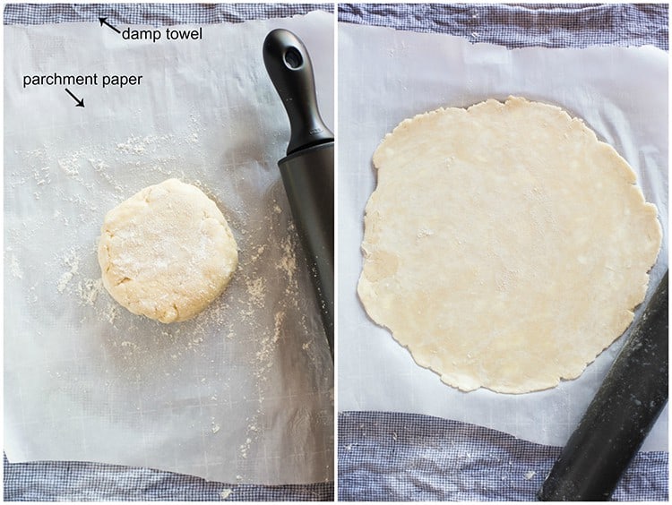 A disc of refrigerated pie dough ready to be rolled out, next to a photo of a rolled out pie crust on top of parchment paper with a rolling pin next to it.