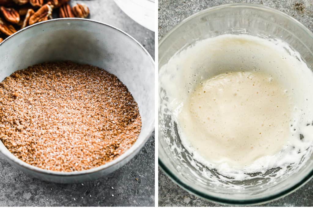 A bowl with cinnamon and sugar next to another bowl with whisked egg whites.