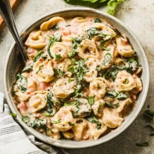 This creamy Tomato Tortellini recipe is a quick 30-minute meal that is creamy, comforting, and so delicious with cheese-filled tortellini and spinach in a delicious pink sauce.