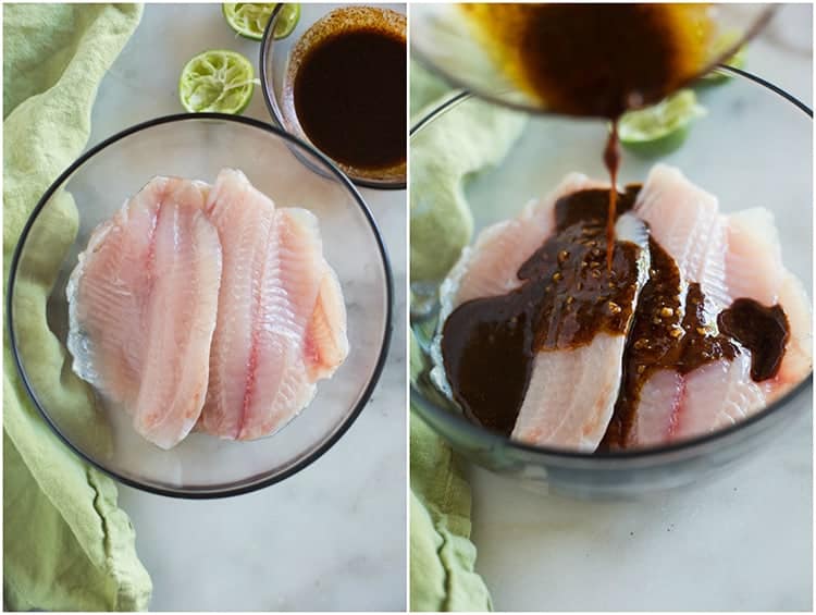 Tilapia fish filets in a large glass bowl next to a small bowl of marinade and juiced limes, next to a photo of the marinade being poured over the fish fillets. 