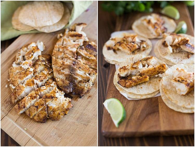 A cutting board with two cooked white fish filets cut into pieces next to another photo of the fish pieces served on corn tortillas for fish tacos.