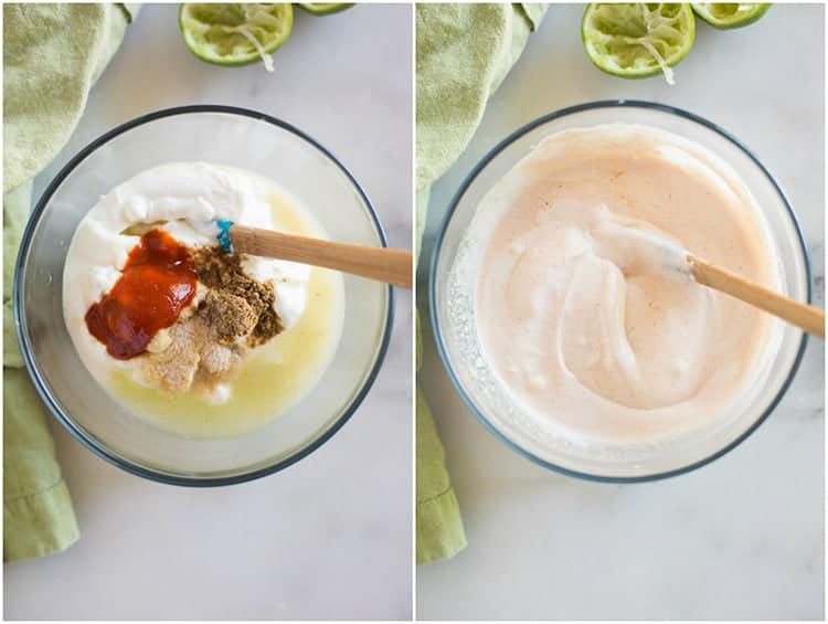 Ingredients for a white crema sauce in a mixing bowl next to a photo of the ingredients mixed together until smooth. 