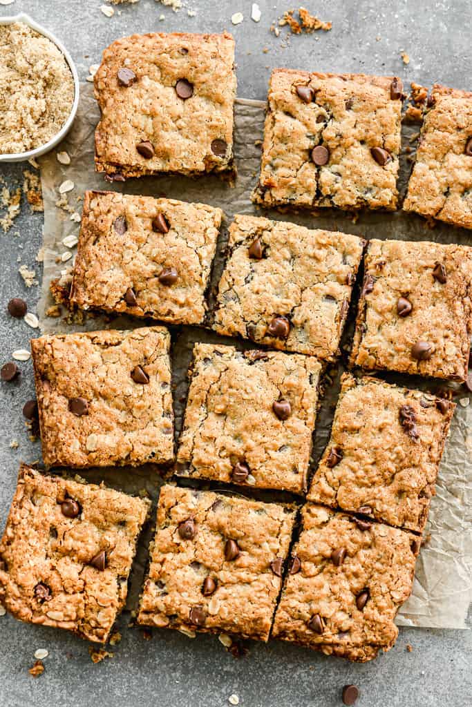 Baked Oatmeal Chocolate Chip Cookie Bars cut into squares.