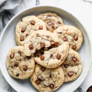 A plate of warm chocolate chip cookies.