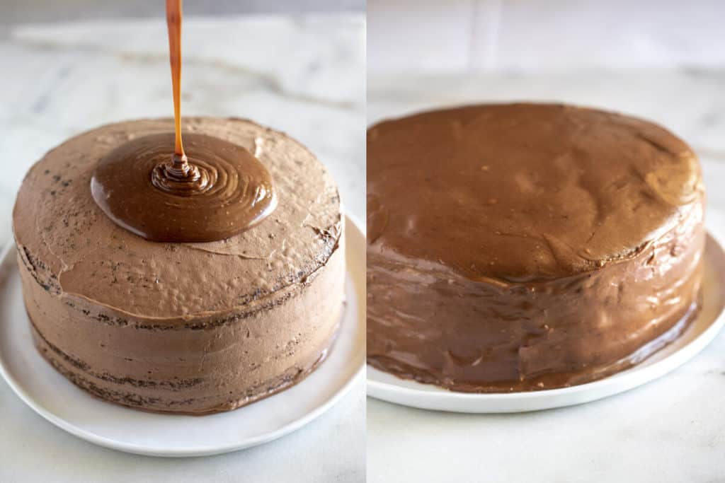Warm chocolate frosting being poured over a chocolate cake filled with chocolate mousse.