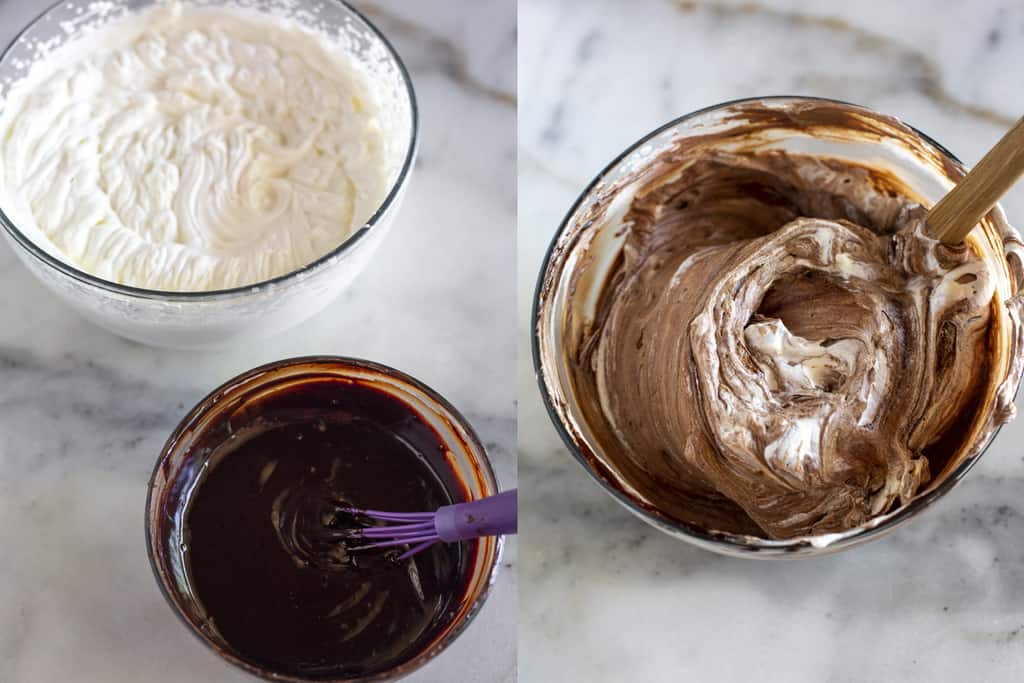 Deux photos de processus pour faire de la mousse au chocolat maison.