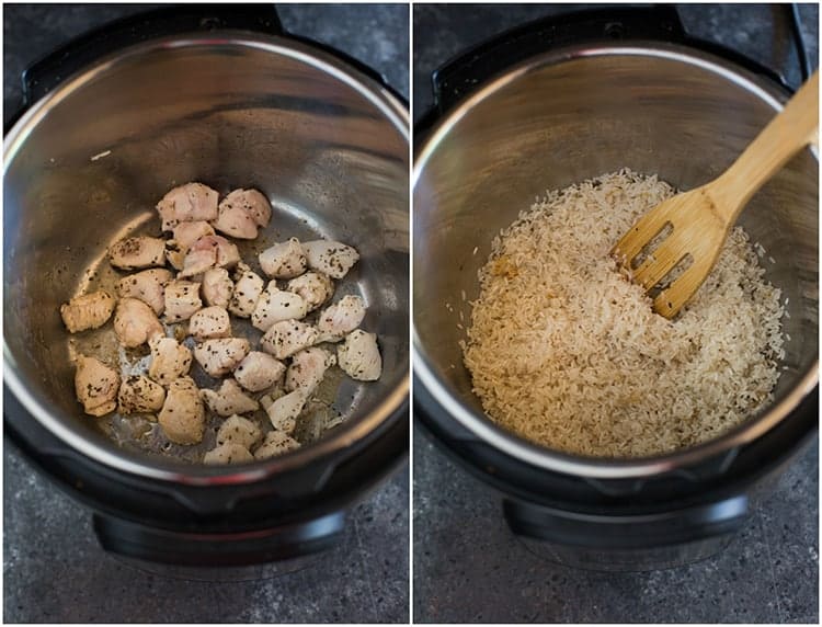 Process photos for making instant pot chicken and rice starting with the chicken added to the instant pot and browned, and then rice added to the instant pot with a wooden spoon.