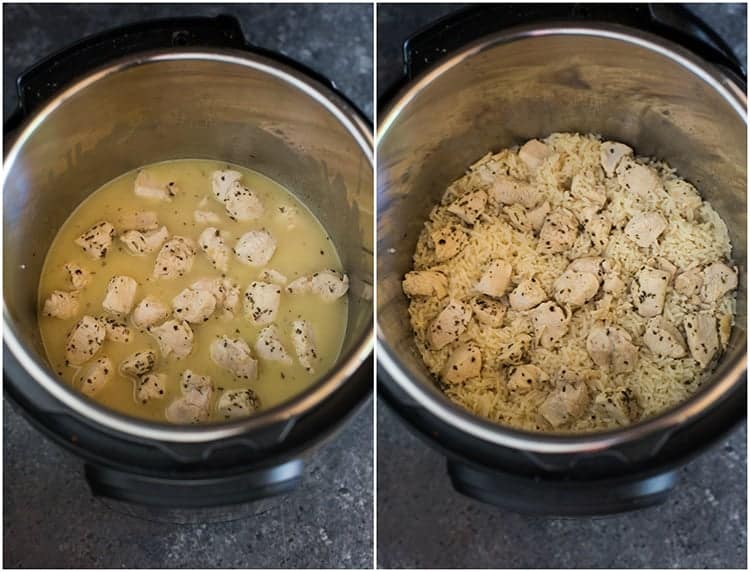 Instant pot with chicken, rice and chicken broth in it next to another photo of the mixutre after it has been pressure cooked.