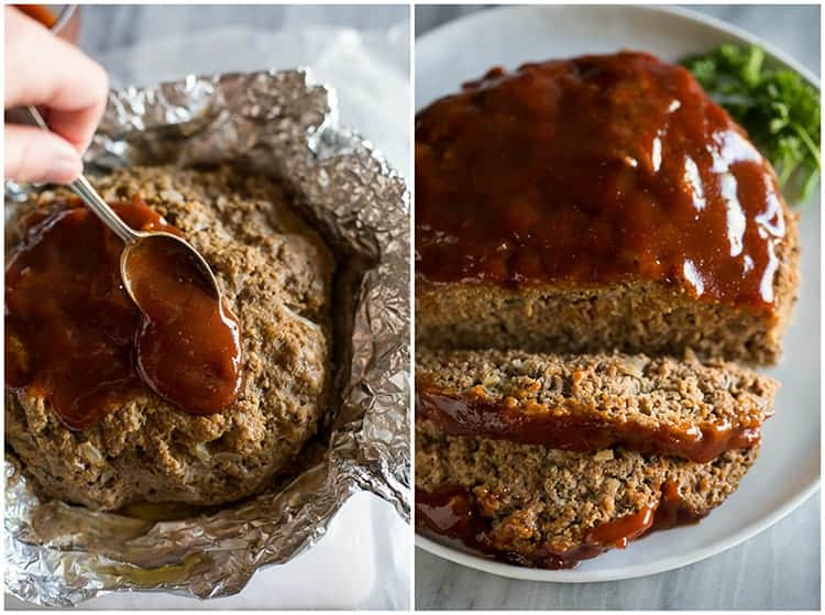 Side by side photos of meatloaf with sauce being poured over it and then the meatloaf on a white plate with two pieces sliced from it.