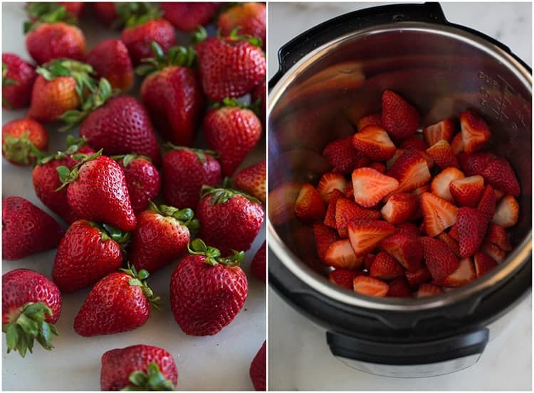 Whole strawberries scattered across a white marble board, next to another photo of an instant pot with halved strawberries piled inside.