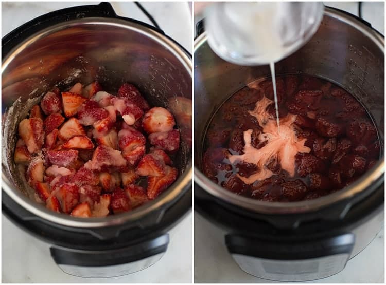 Process photos for making instant pot strawberry jam including mixing strawberries and sugar in the instant pot, and another photo of the cooked strawberries with cornstarch slurry poured into the pot.