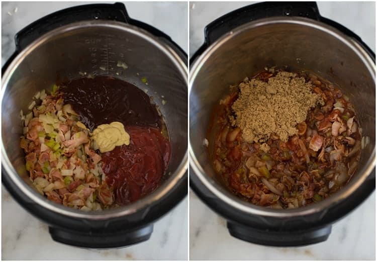 Bacon, onion, green bell peppers, ketchup, mustard, bbq sauce, cider vinegar and liquid smoke in the instant pot, next to another photo of the mixture stirred together and brown sugar added on top.