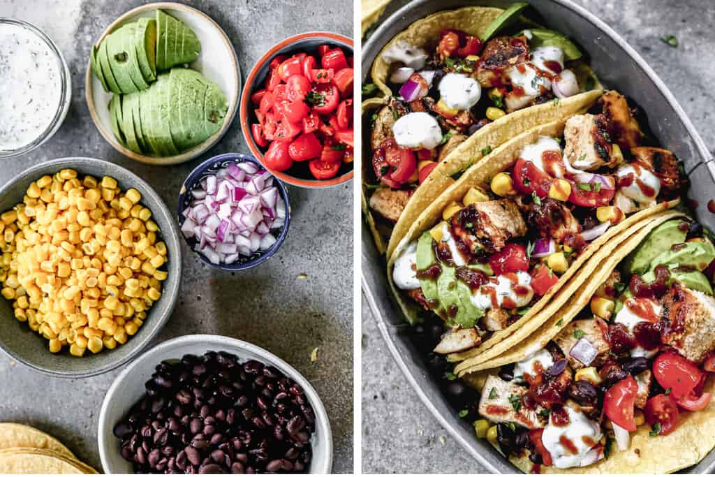 Un collage de deux images de toutes les garnitures pour les tacos au poulet BBQ, puis les tacos assemblés et prêts à manger.