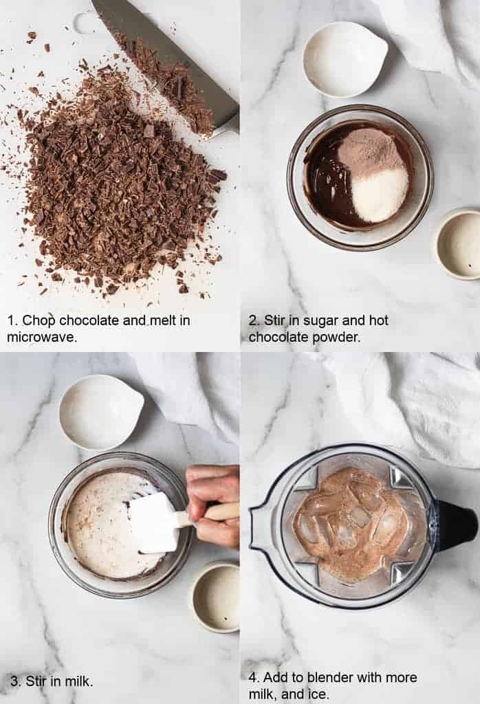 Four process photos with instructional text, for making Frozen Hot Chocolate.