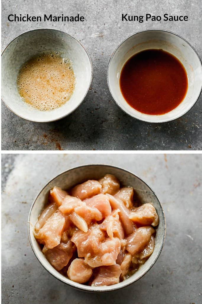Chicken marinade and kung pao sauce in two separate bowls, next to another photo of chicken pieces added to the marinade. 