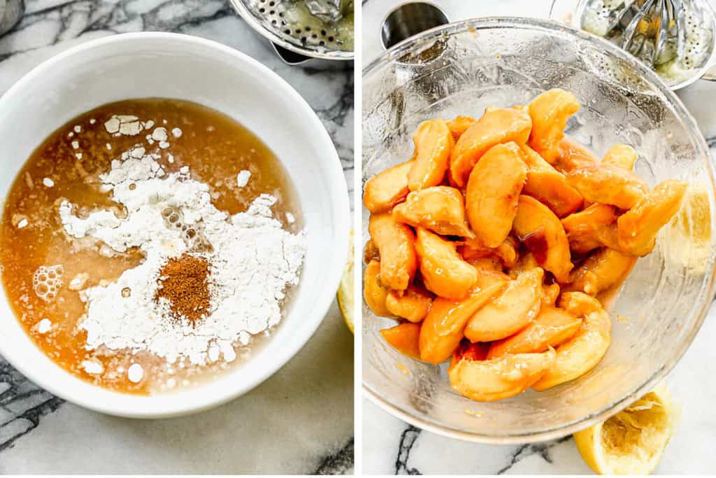 Two images showing peach juice with flour, lemon juice, vanilla, salt, and cinnamon; then that mixture poured on top of the peaches.