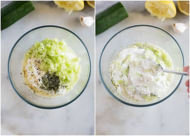A bowl with the ingredients for tzatziki sauce including greek yogurt, diced cucumber, dill, garlic and lemon juice, next to another photo of the bowl with everything mixed together to make tzatziki sauce.