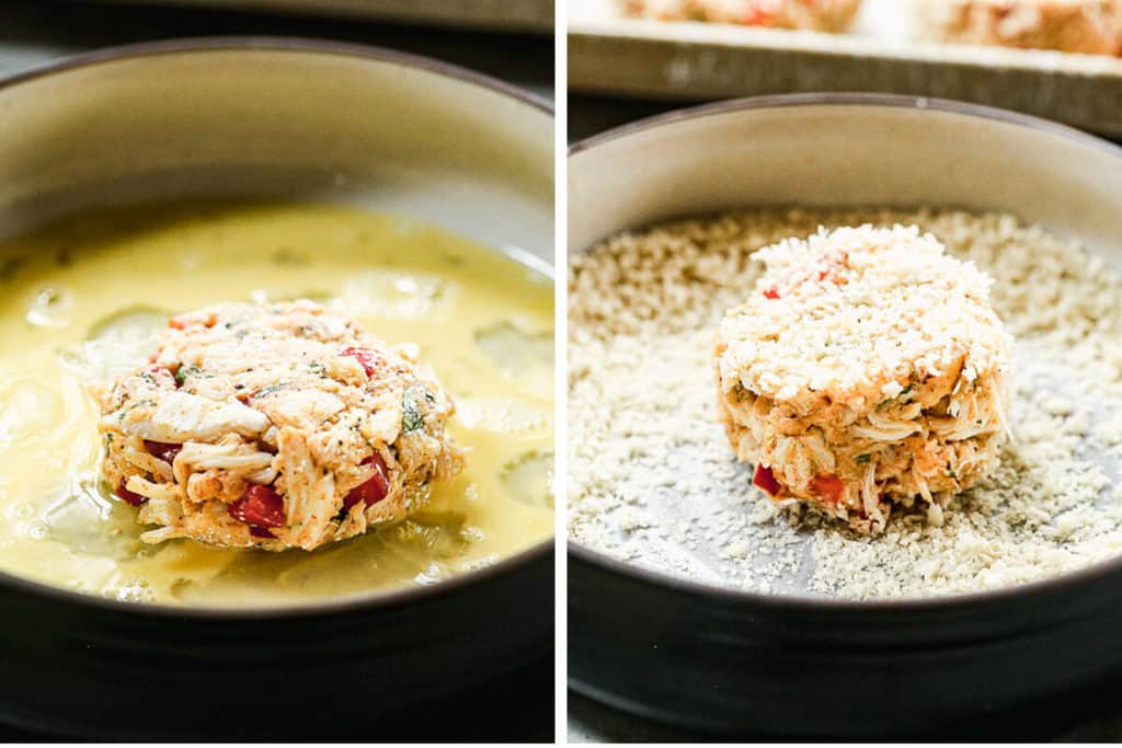 Two process photos of a crab cake being dipped in beaten egg, then in breadcrumbs.