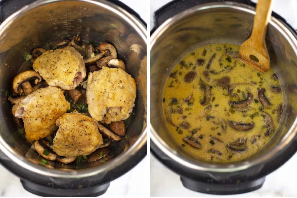 Two process photos of chicken marsala cooking in an instant pot.