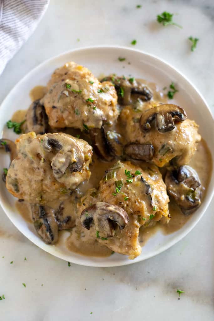 Overhead photo of chicken marsala served on a plate.