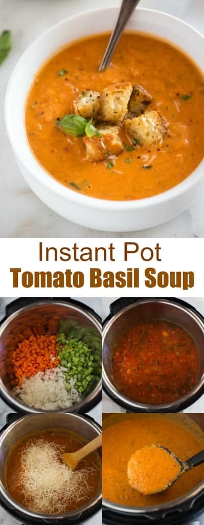Your family will go nuts for this creamy Instant Pot Tomato Basil Soup with parmesan cheese, that's loaded with veggies. It's absolutely delicious, full of flavor and has the perfect thick and smooth texture. #instantpot #soup #tomatobasil #parmesan #best #easy