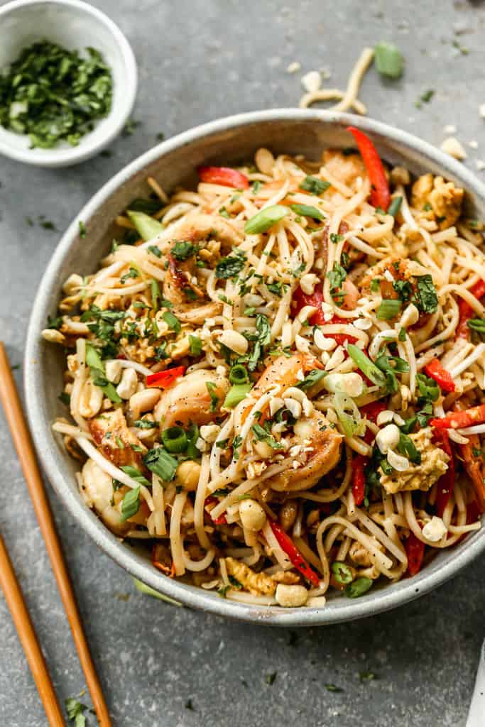 Easy homemade Pad Thai served in a bowl.