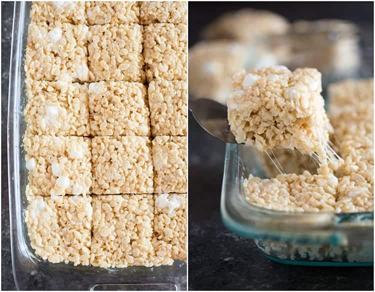 A pan of cut rice krispie treats, next to another photo of one of the rice krispies square being removed from the pan with a spatula.