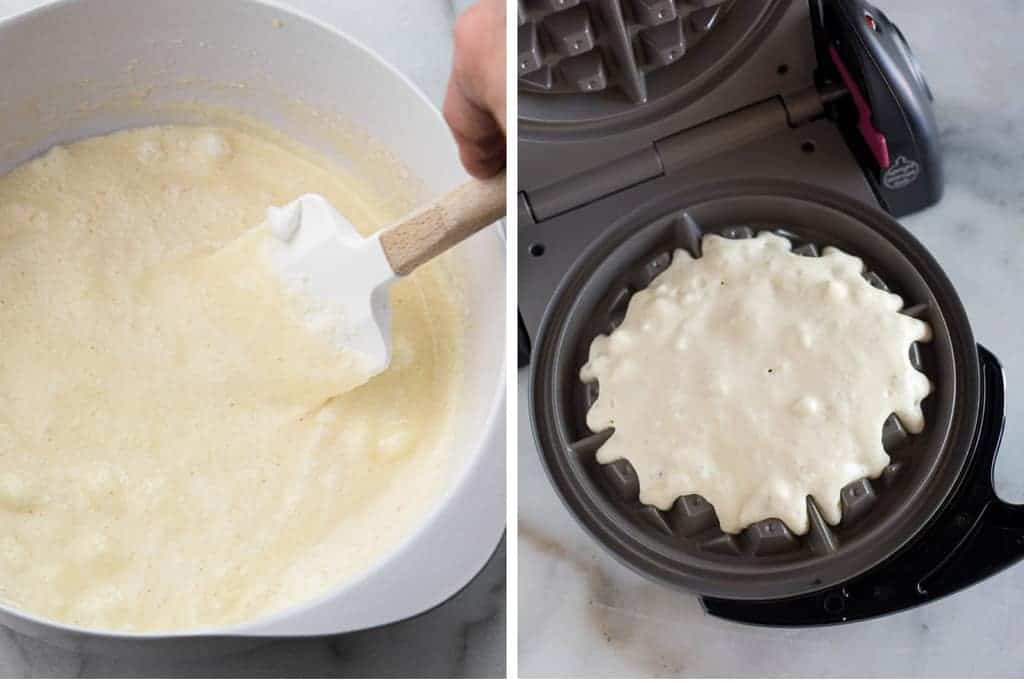 Waffle batter in a bowl next to another photo of the batter added to a waffle iron.