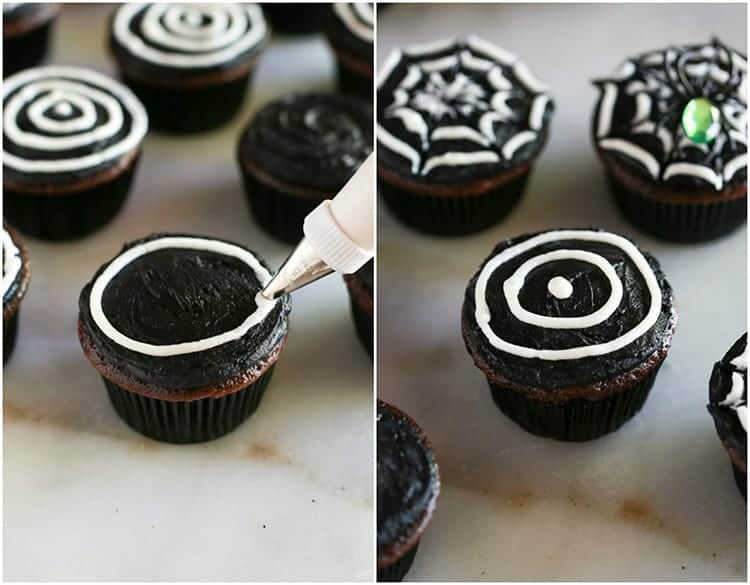 Process photos for making a spiderweb out of frosting on the top of a cupcake.