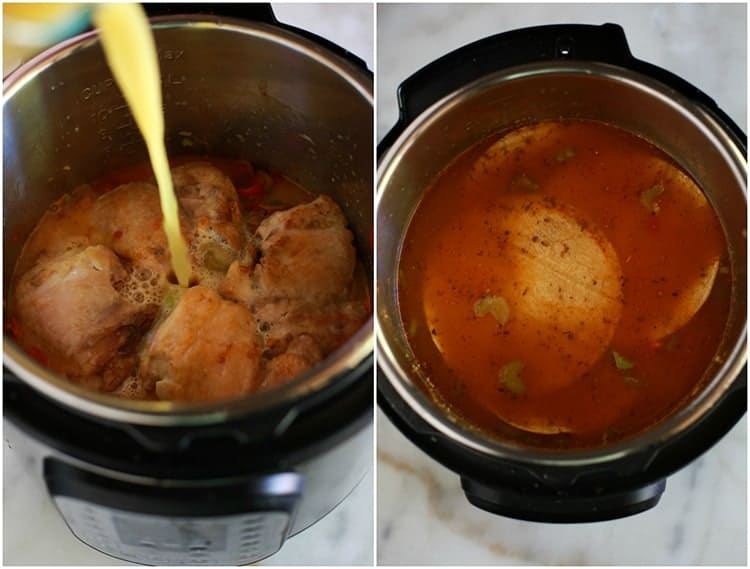 Process photos for making chicken enchilada soup in the instant pot including pouring chicken broth over the chicken in the pot and adding corn tortillas.