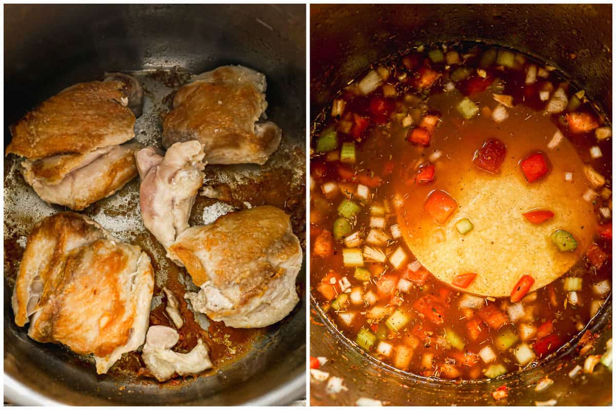 Two images showing chicken thighs being seared in an instant pot then after sautéed vegetables and corn tortillas are added.