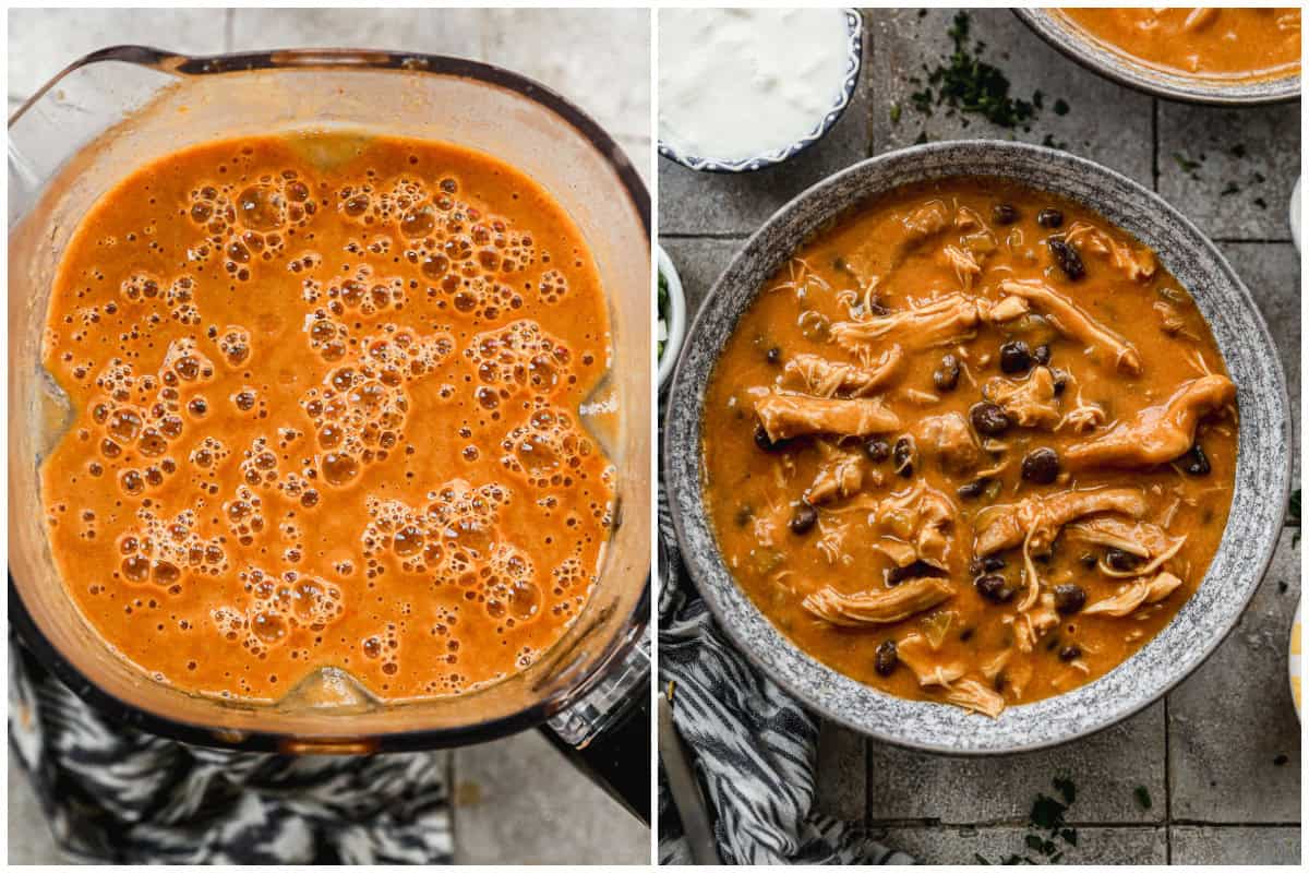 Two images showing a smooth enchilada soup in a blender then after it's combined with shredded chicken, black beans, green chiles, and cream.