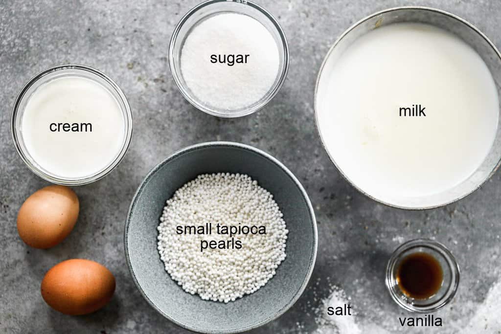 The ingredients needed to make Tapioca Pudding.