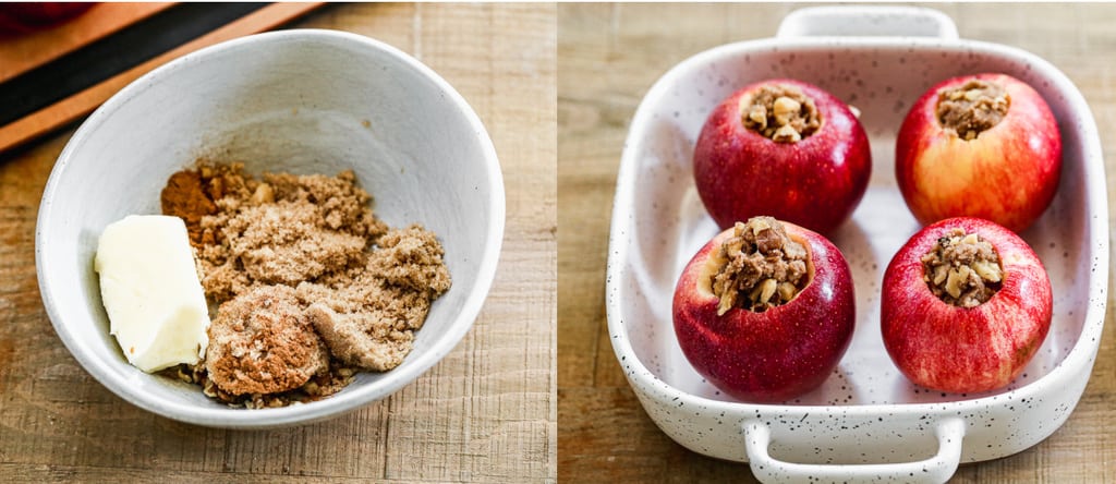 Butter, cinnamon and brown sugar in a bowl, then mixed together and added to apples.