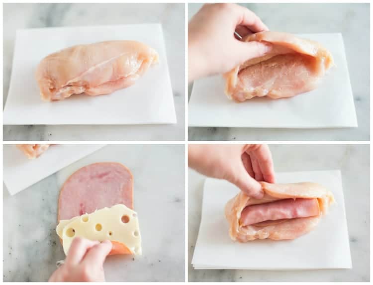 Process photos for making chicken cordon bleu, including cutting a pocket into the chicken breast to stuff ham and cheese. 