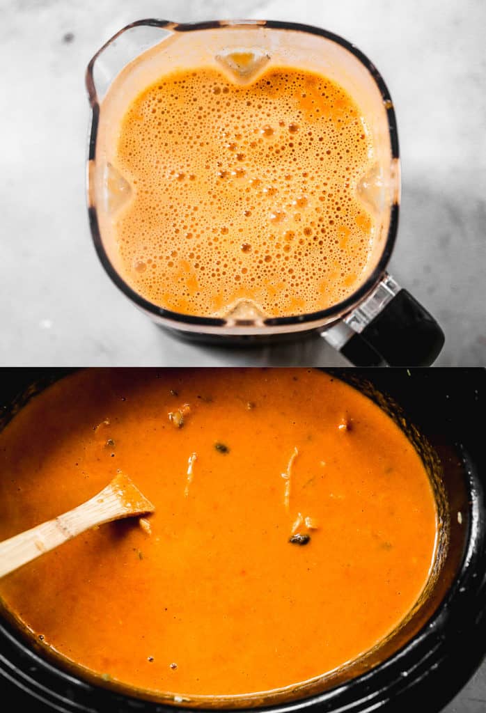 Enchilada soup broth pureed in a blender, then poured in a slow cooker.
