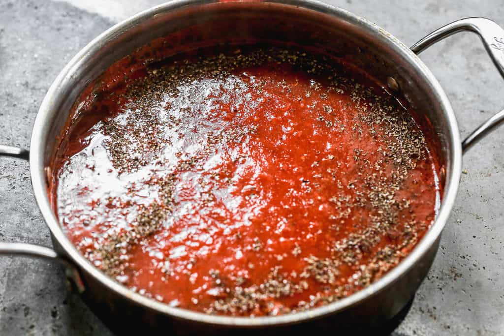 Homemade red sauce in a saucepan.