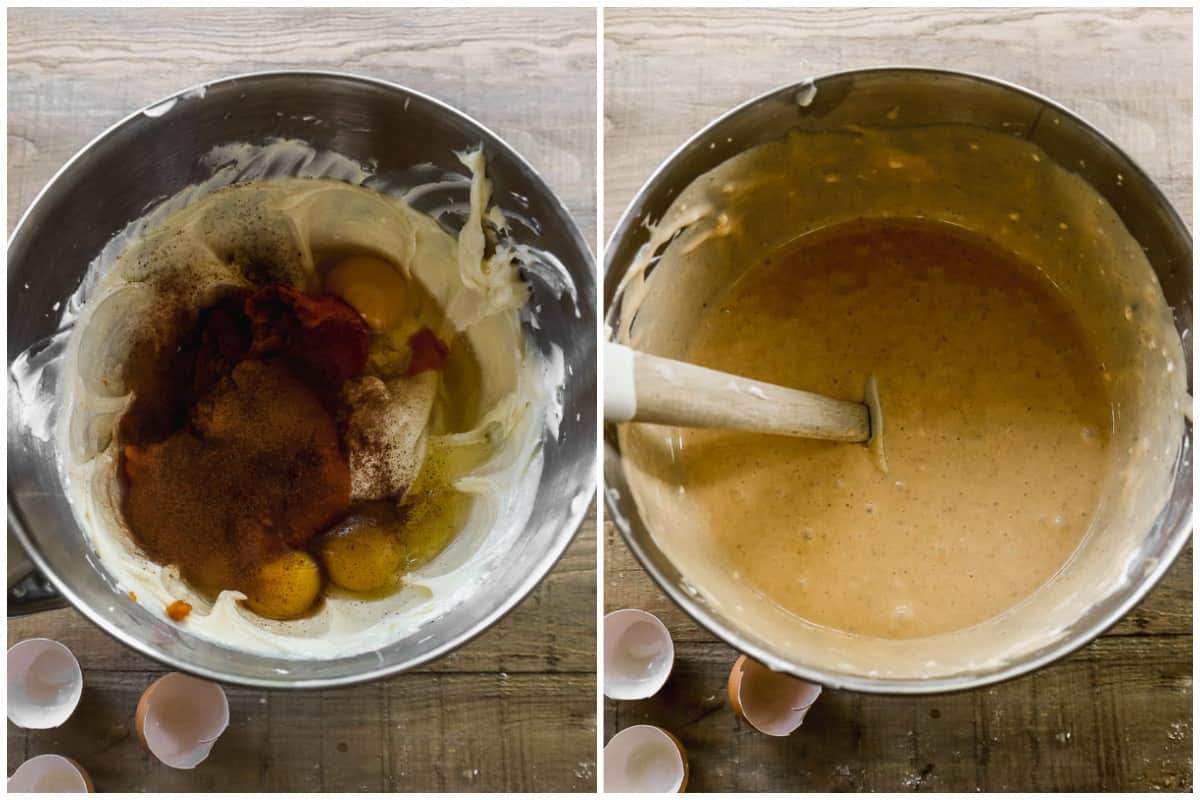 Two image showing how to make the filling for homemade Pumpkin Cheesecake.
