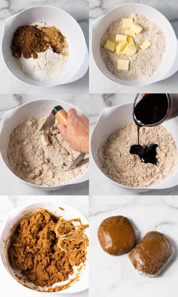 Sei foto di processo per mescolare l'impasto di pan di zenzero per fare i biscotti di pan di zenzero.